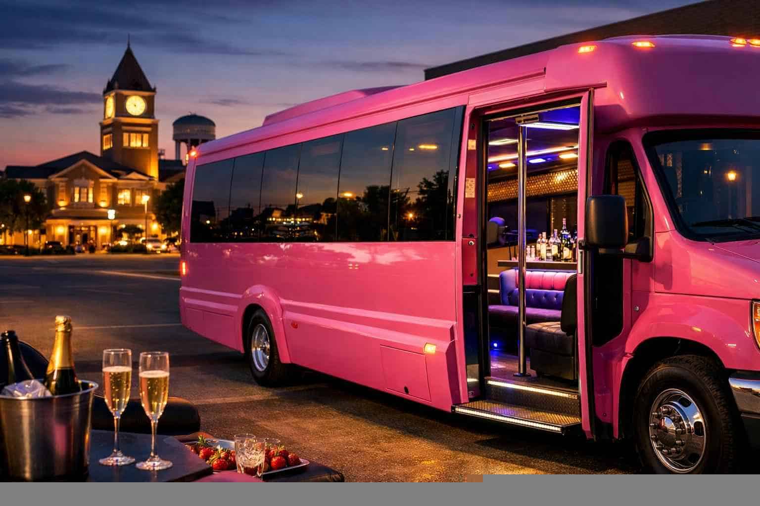 Pink Party Bus Rental Near Me in Bedford Texas