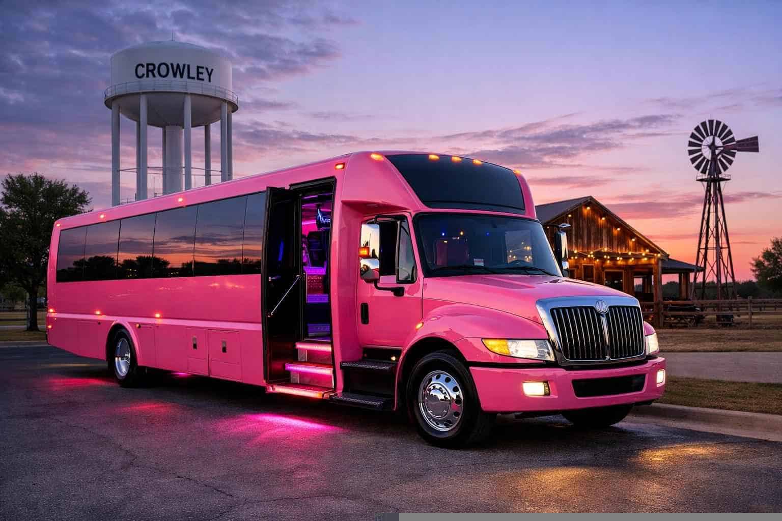 Pink Party Bus Rental Near Me in Crowley Texas
