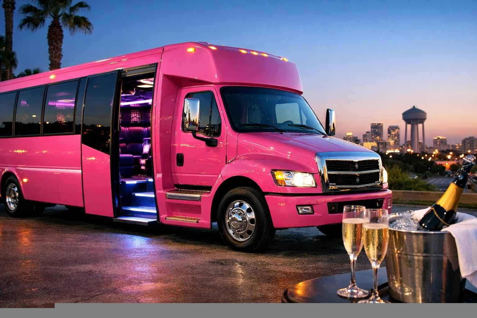 Pink Party Bus Rental Near Me in Haltom City Texas