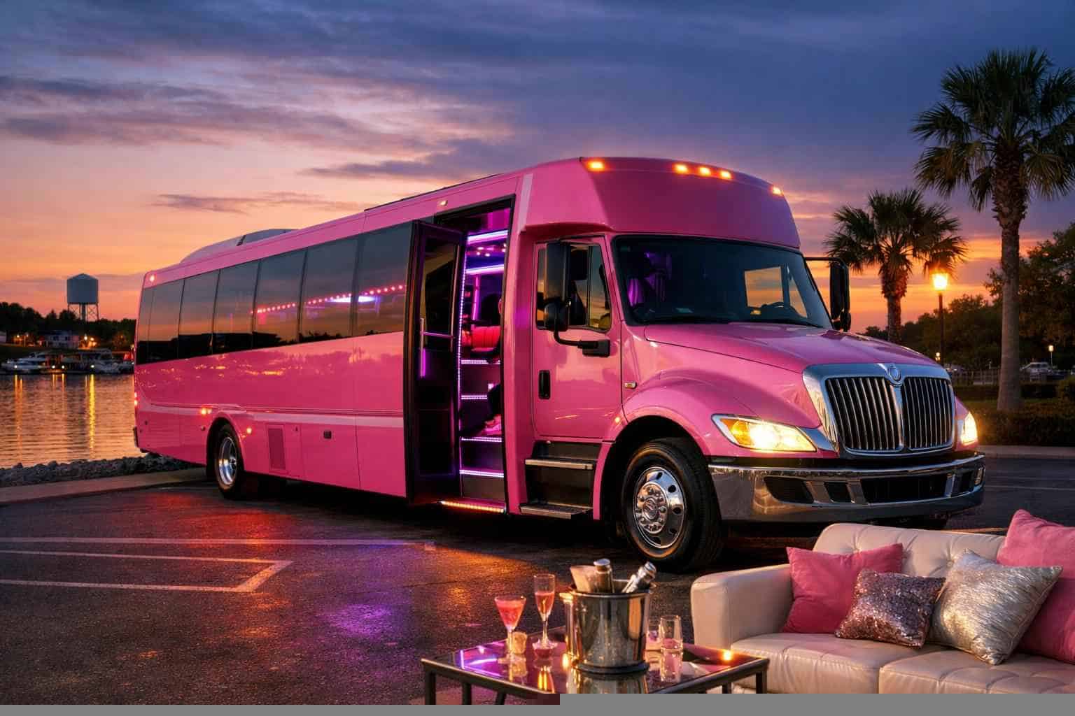 Pink Party Bus Rental Near Me in Lake Worth Texas