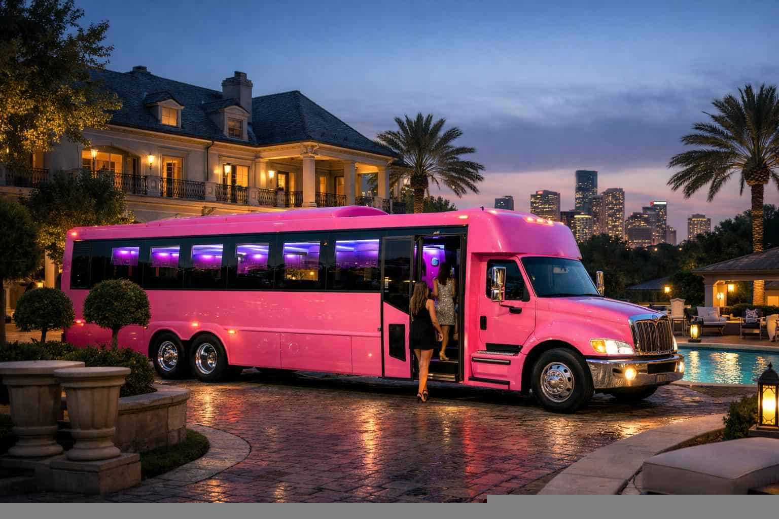 Pink Party Bus Rental Near Me in River Oaks Texas