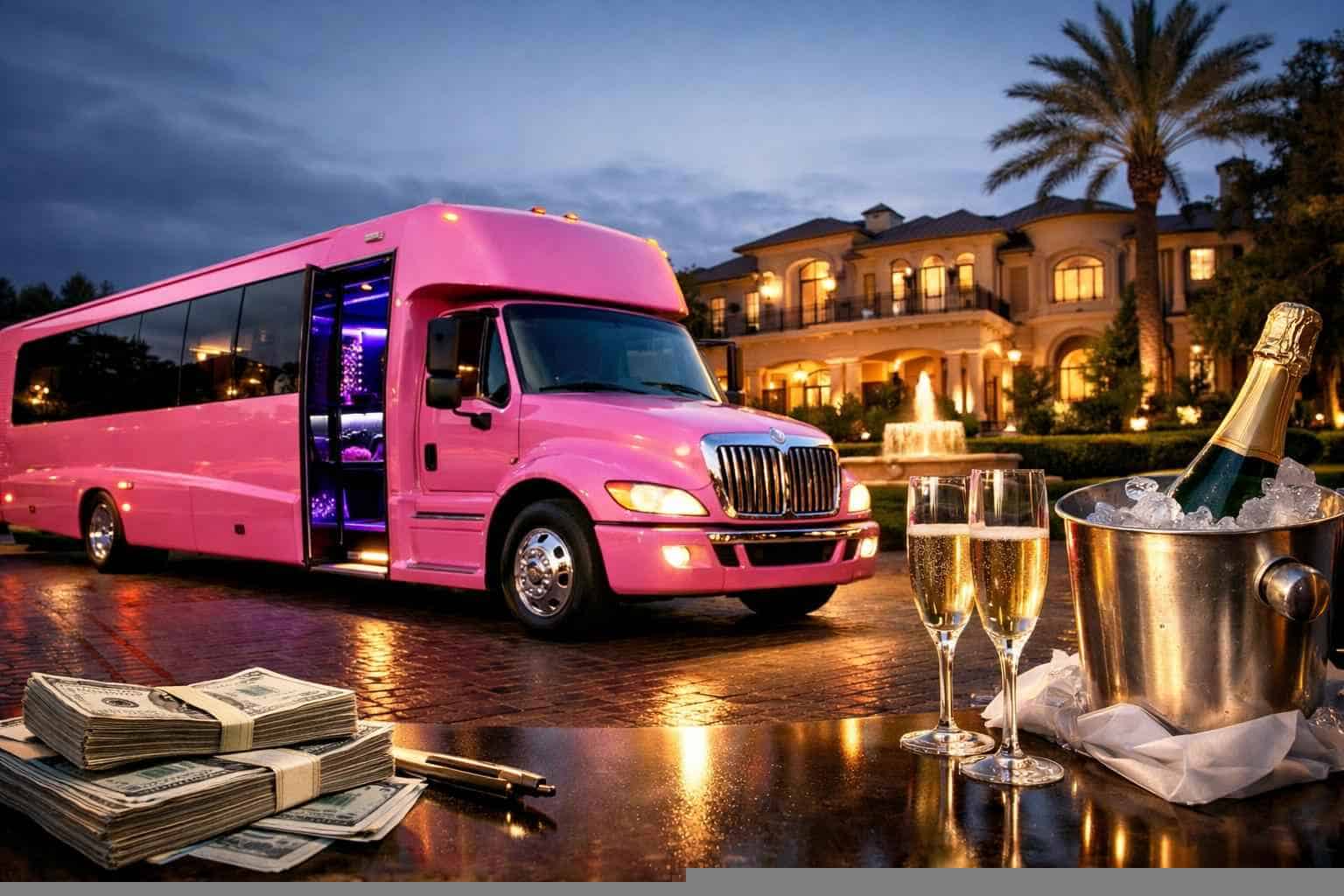 Pink Party Bus Rental Pricing in River Oaks TX